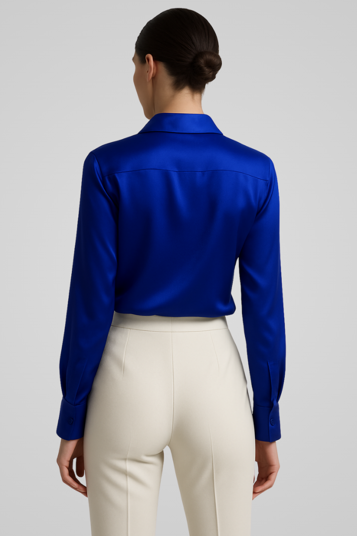 Solena™ | Damer Satin Bluse med V-Hals | Skinnende Elegant Top med Lange Ærmer til Kontor og Fest
