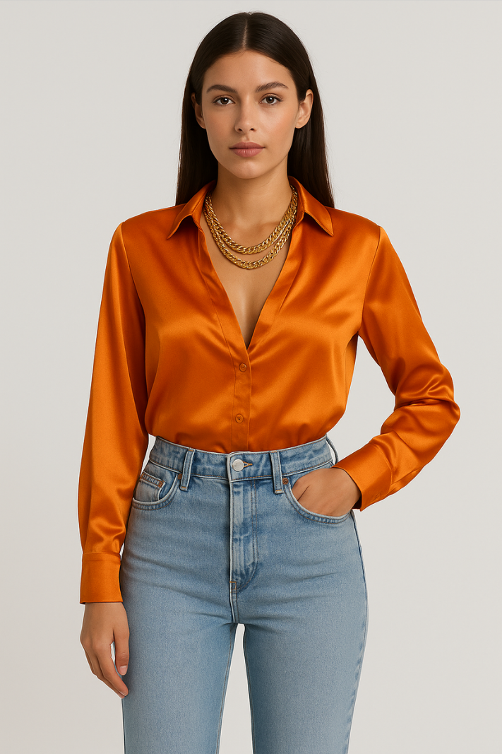 Solena™ | Damer Satin Bluse med V-Hals | Skinnende Elegant Top med Lange Ærmer til Kontor og Fest