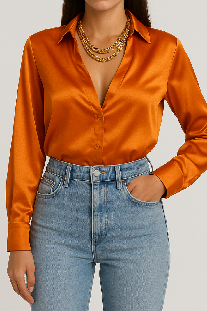 Solena™ | Damer Satin Bluse med V-Hals | Skinnende Elegant Top med Lange Ærmer til Kontor og Fest