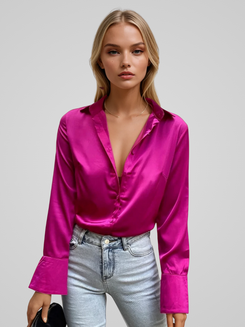 Solena™ | Damer Satin Bluse med V-Hals | Skinnende Elegant Top med Lange Ærmer til Kontor og Fest