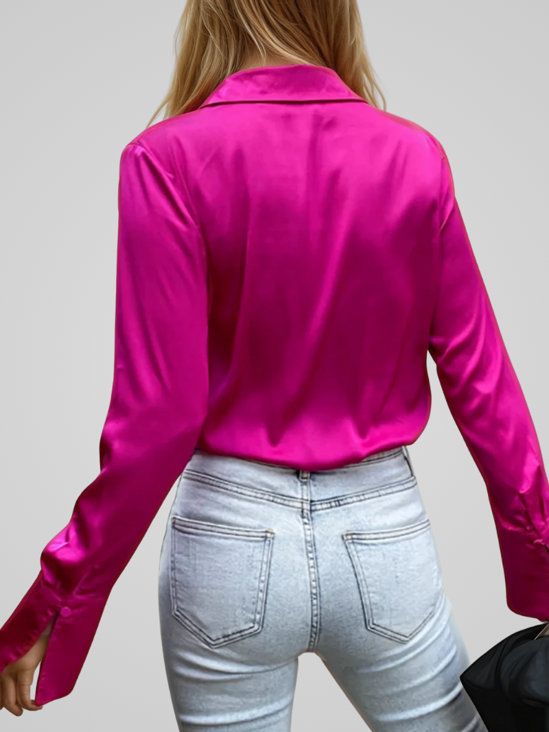 Solena™ | Damer Satin Bluse med V-Hals | Skinnende Elegant Top med Lange Ærmer til Kontor og Fest