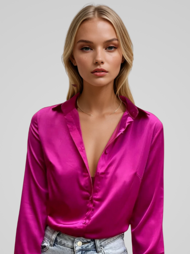 Solena™ | Damer Satin Bluse med V-Hals | Skinnende Elegant Top med Lange Ærmer til Kontor og Fest