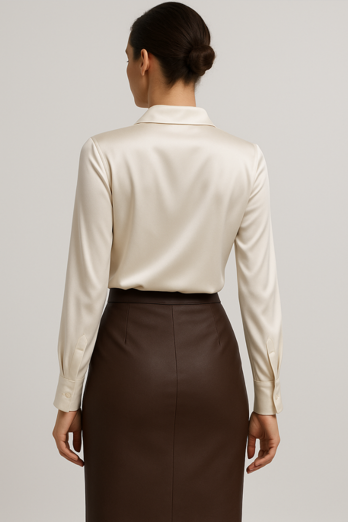 Solena™ | Damer Satin Bluse med V-Hals | Skinnende Elegant Top med Lange Ærmer til Kontor og Fest