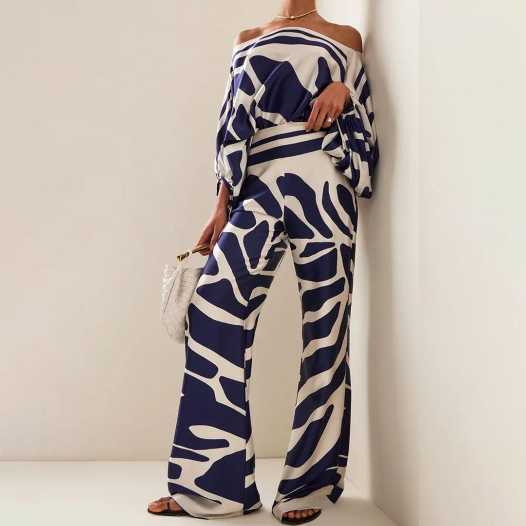 Orielle™ | Todelt Sæt Damer med Vidde Bukser og Off-Shoulder Top | Sommerlig Resortwear med Dyreprint eller Abstrakt Mønster