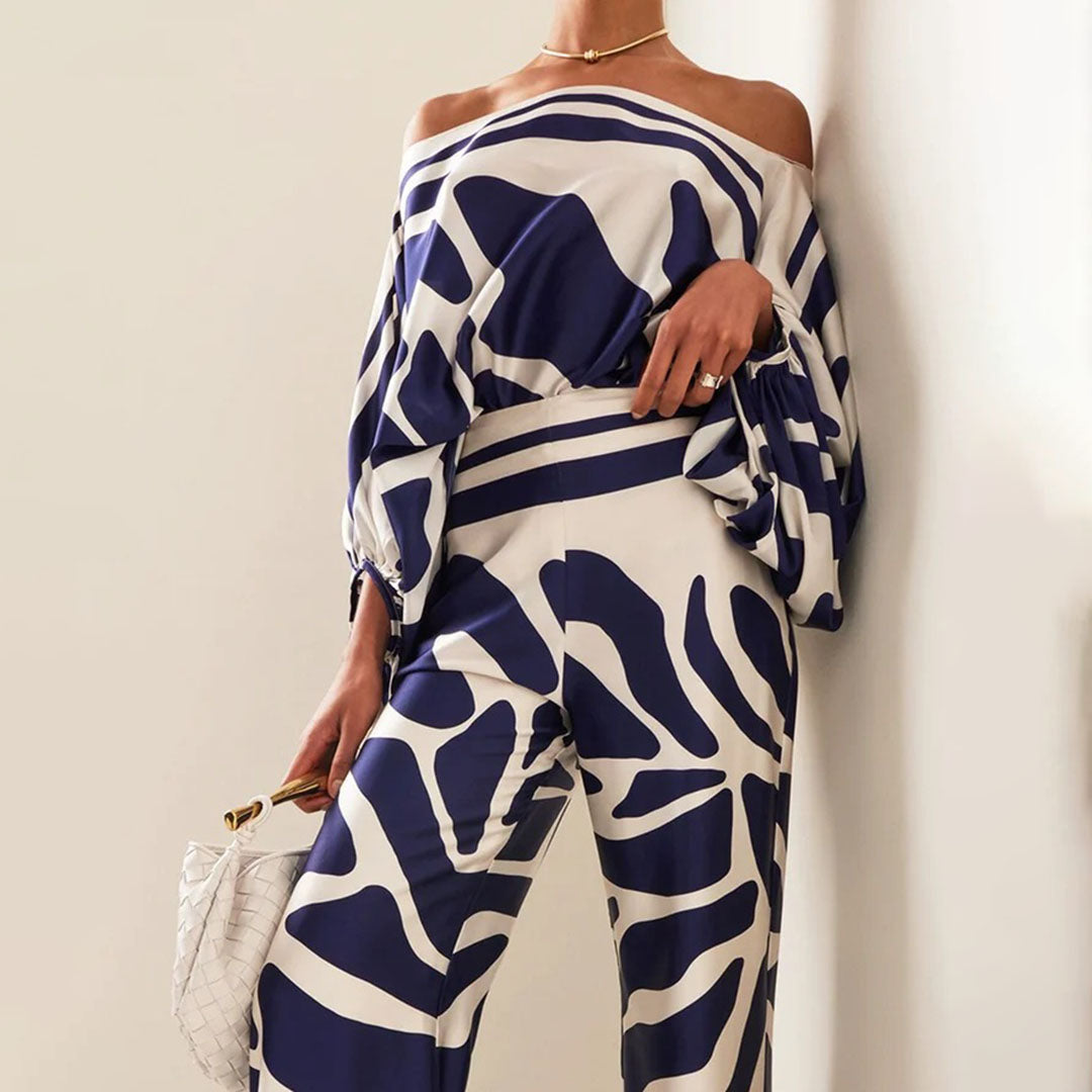 Orielle™ | Todelt Sæt Damer med Vidde Bukser og Off-Shoulder Top | Sommerlig Resortwear med Dyreprint eller Abstrakt Mønster