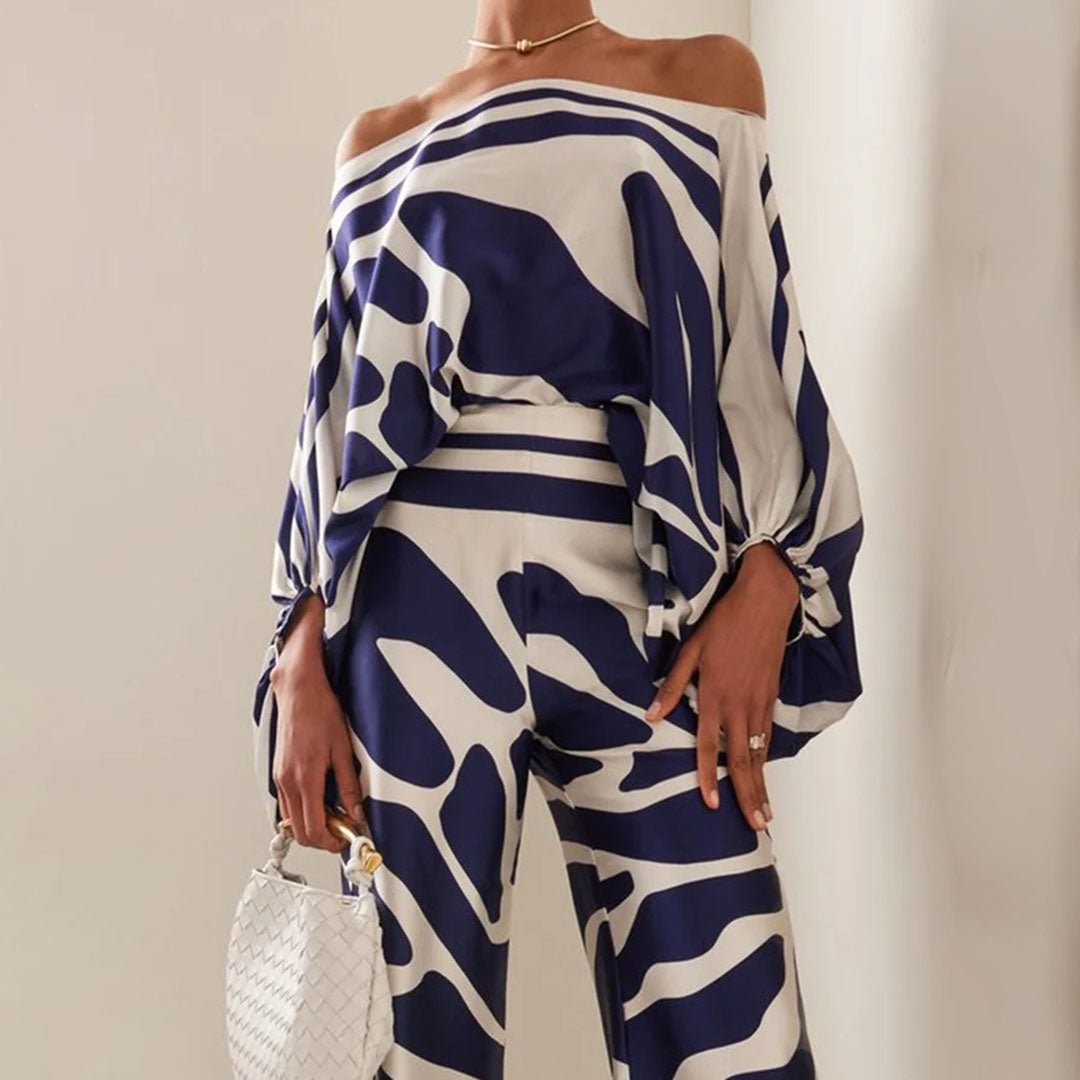 Orielle™ | Todelt Sæt Damer med Vidde Bukser og Off-Shoulder Top | Sommerlig Resortwear med Dyreprint eller Abstrakt Mønster
