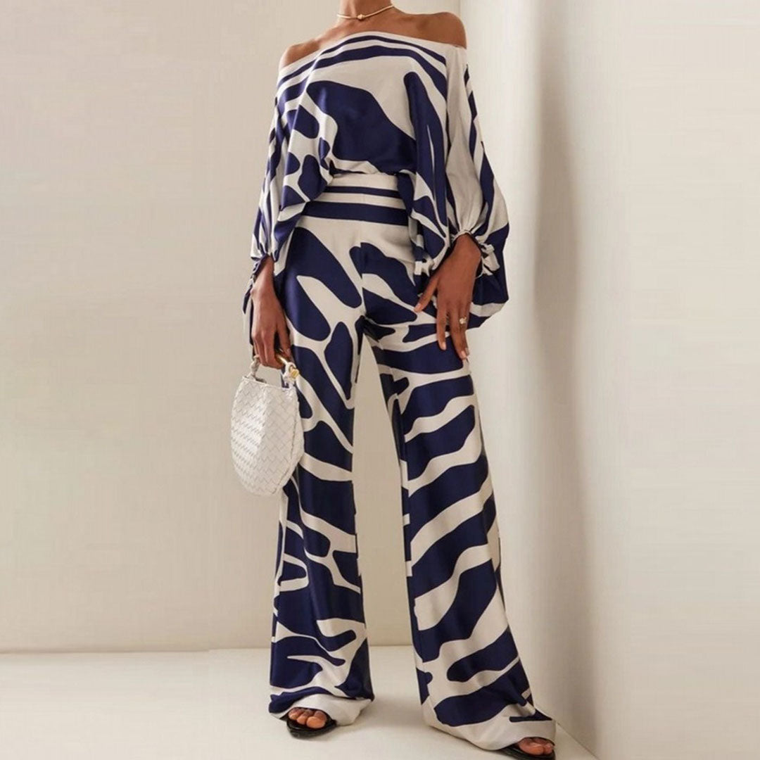 Orielle™ | Todelt Sæt Damer med Vidde Bukser og Off-Shoulder Top | Sommerlig Resortwear med Dyreprint eller Abstrakt Mønster