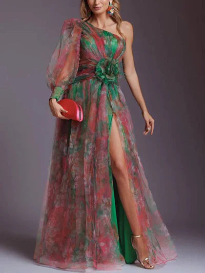 Elvanna | One-Shoulder Chiffon Aftenkjole Med Blomsterdetalje & Høj Slids