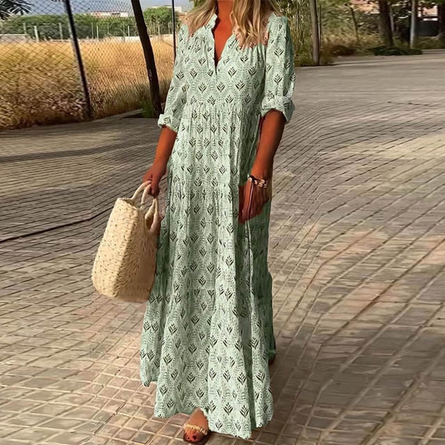 Almira™ | Luftig Boho Maxi Kjole med Oprullede Ærmer og Blødt Print | Komfortabel Sommerkjole i Naturlige Nuancer