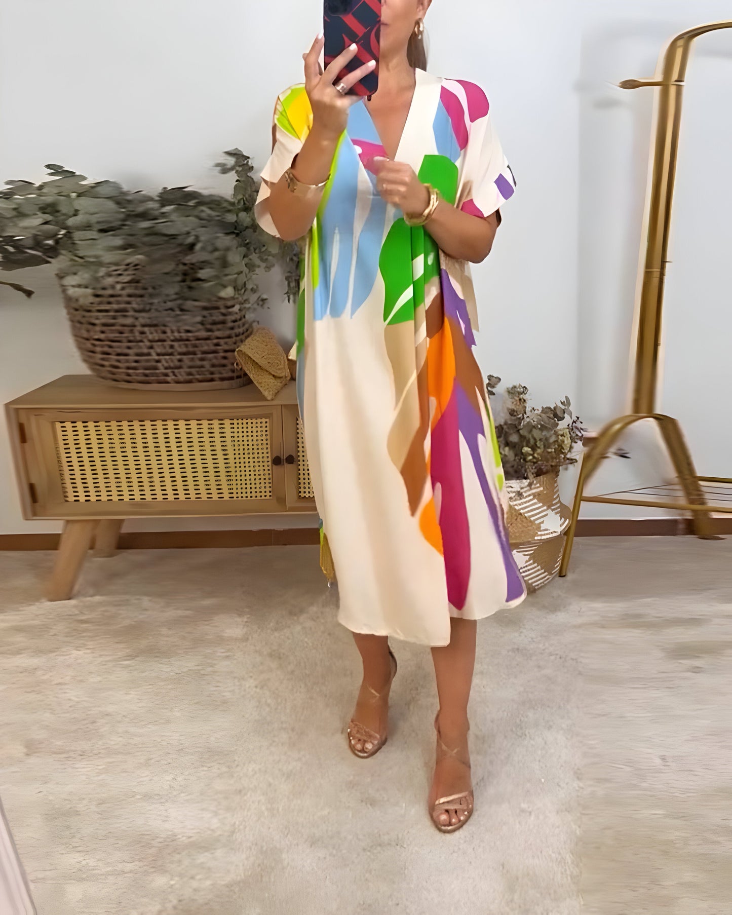 Marilou™ | Damer Oversized Farverig Sommerkjole med V-Hals | Let Løstsiddende Kjole med Abstrakt Print til Ferie og Strand