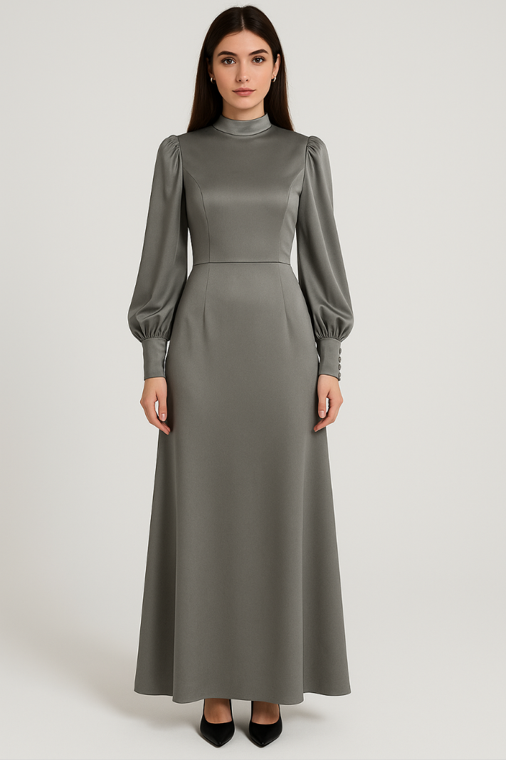Isolene™ | Damer Lang Elegant Maxi Kjole med Høj Hals | Chic Gallakjole med Ballonærmer til Aften og Bryllup