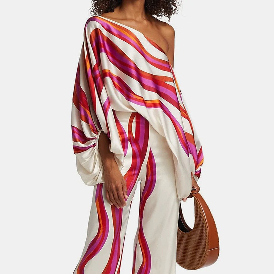 Orielle™ | Todelt Sæt Damer med Vidde Bukser og Off-Shoulder Top | Sommerlig Resortwear med Dyreprint eller Abstrakt Mønster