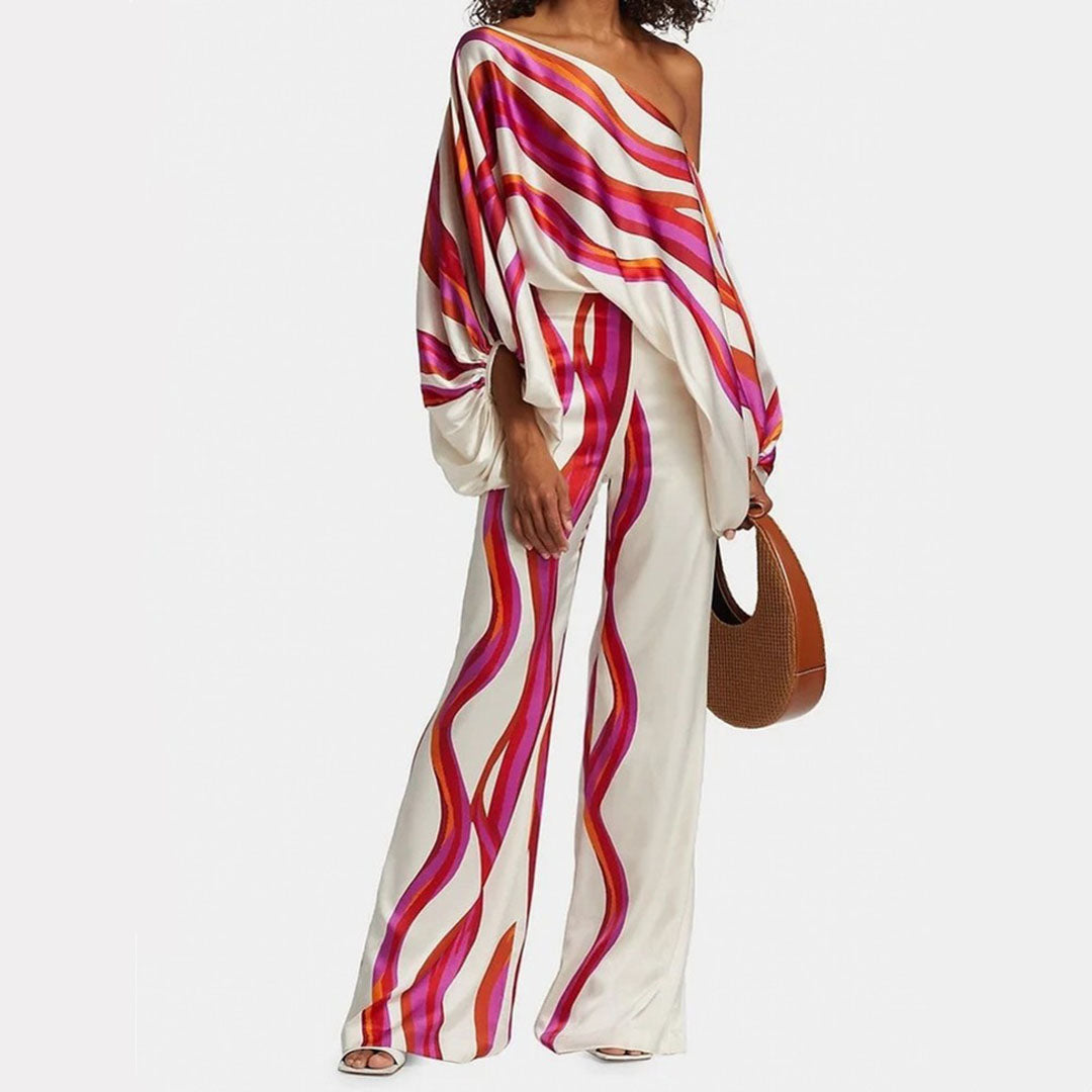 Orielle™ | Todelt Sæt Damer med Vidde Bukser og Off-Shoulder Top | Sommerlig Resortwear med Dyreprint eller Abstrakt Mønster