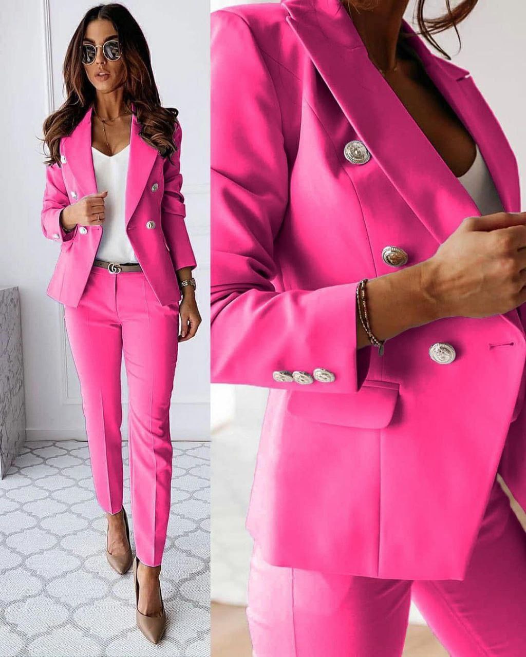 Valéris™ | To-Delte Damersæt med Guldfarvede Knapper | Elegant Blazersæt med Figursyet Blazer og Slim Fit Bukser til Arbejde eller Særlige Anledninger