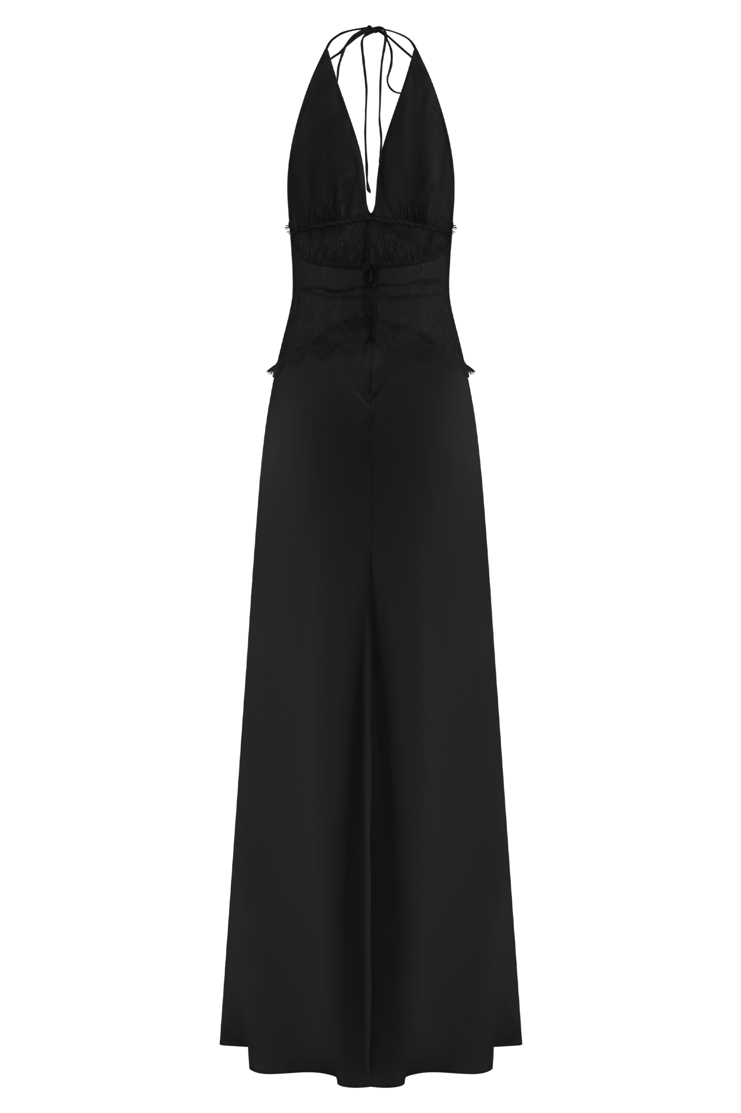 Elora | Damer Halterneck Gallakjole | Satinlook Sort Aften Kjole | Blonde & Åben Ryg | Dyb V-Hals | Sexet & Elegant