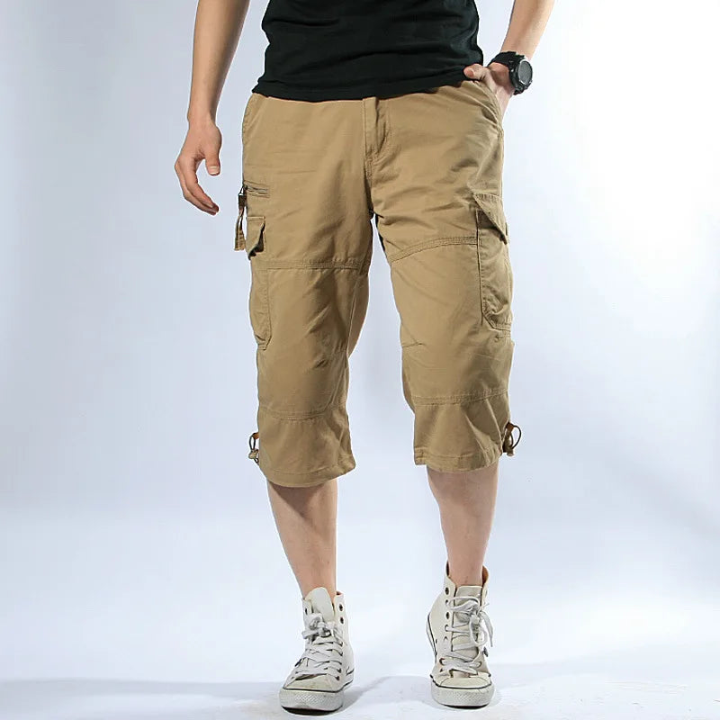 Darnel™ | herre trekvart cargobukser i bomuld | læg-lange outdoor arbejdsbukser med justerbare ben og flere lommerBaggy Multi Pocket Military Cargo Shorts Male Cotton Khaki Mens Tactical Shorts Short Pants S-5XL Free Belt