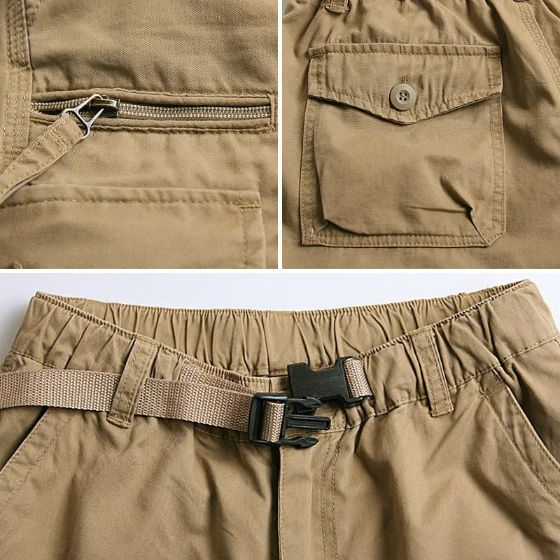 Darnel™ | herre trekvart cargobukser i bomuld | læg-lange outdoor arbejdsbukser med justerbare ben og flere lommerBaggy Multi Pocket Military Cargo Shorts Male Cotton Khaki Mens Tactical Shorts Short Pants S-5XL Free Belt
