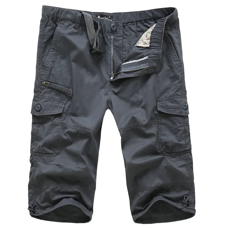 Darnel™ | herre trekvart cargobukser i bomuld | læg-lange outdoor arbejdsbukser med justerbare ben og flere lommerBaggy Multi Pocket Military Cargo Shorts Male Cotton Khaki Mens Tactical Shorts Short Pants S-5XL Free Belt