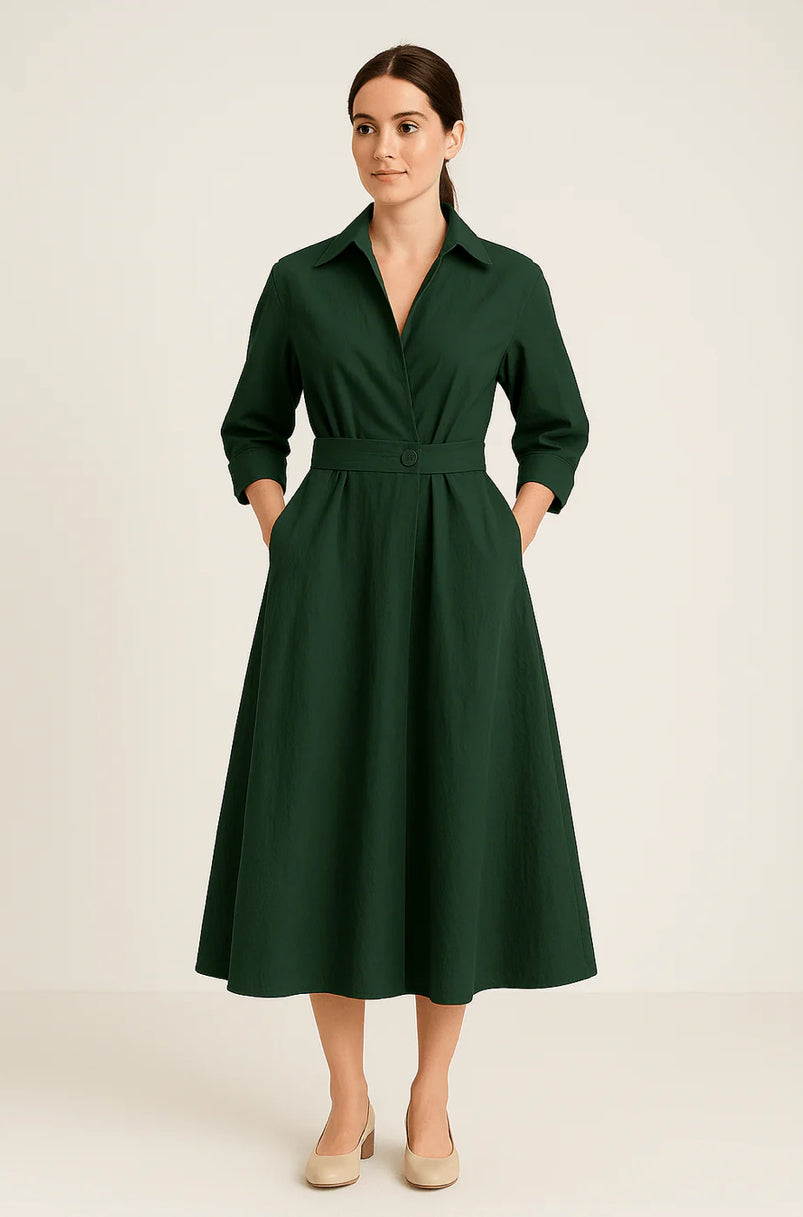 Margot | Damer Skjortekjole i Bomuld | Midi Kjole med Taljebælte | Trekvartærmer & Lommer | Casual Chic