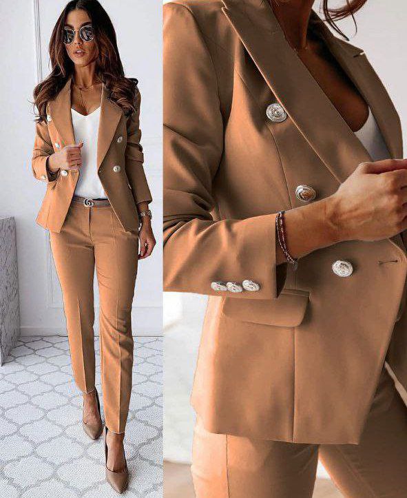 Valéris™ | To-Delte Damersæt med Guldfarvede Knapper | Elegant Blazersæt med Figursyet Blazer og Slim Fit Bukser til Arbejde eller Særlige Anledninger