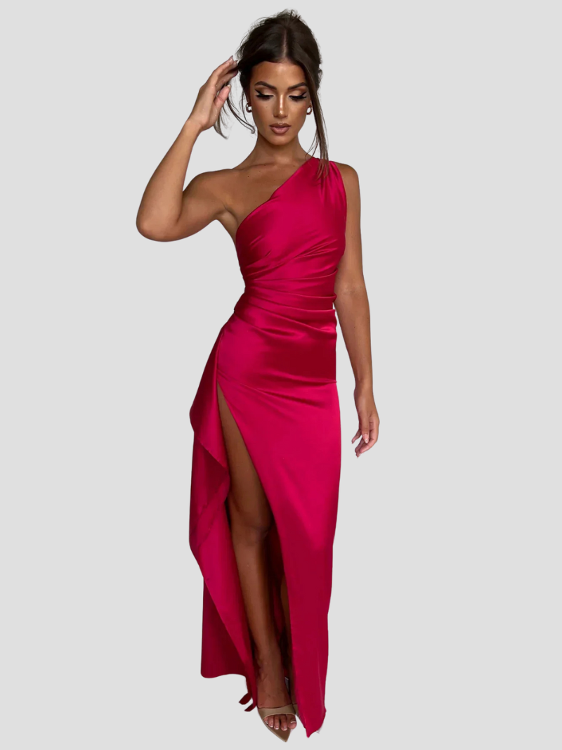 Alessia™ | Damer One-Shoulder Aftenkjole | Satin Gallakjole med Høj Slids og Åben Ryg i Asymmetrisk Design