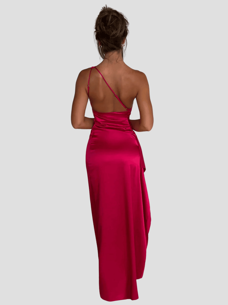 Alessia™ | Damer One-Shoulder Aftenkjole | Satin Gallakjole med Høj Slids og Åben Ryg i Asymmetrisk Design