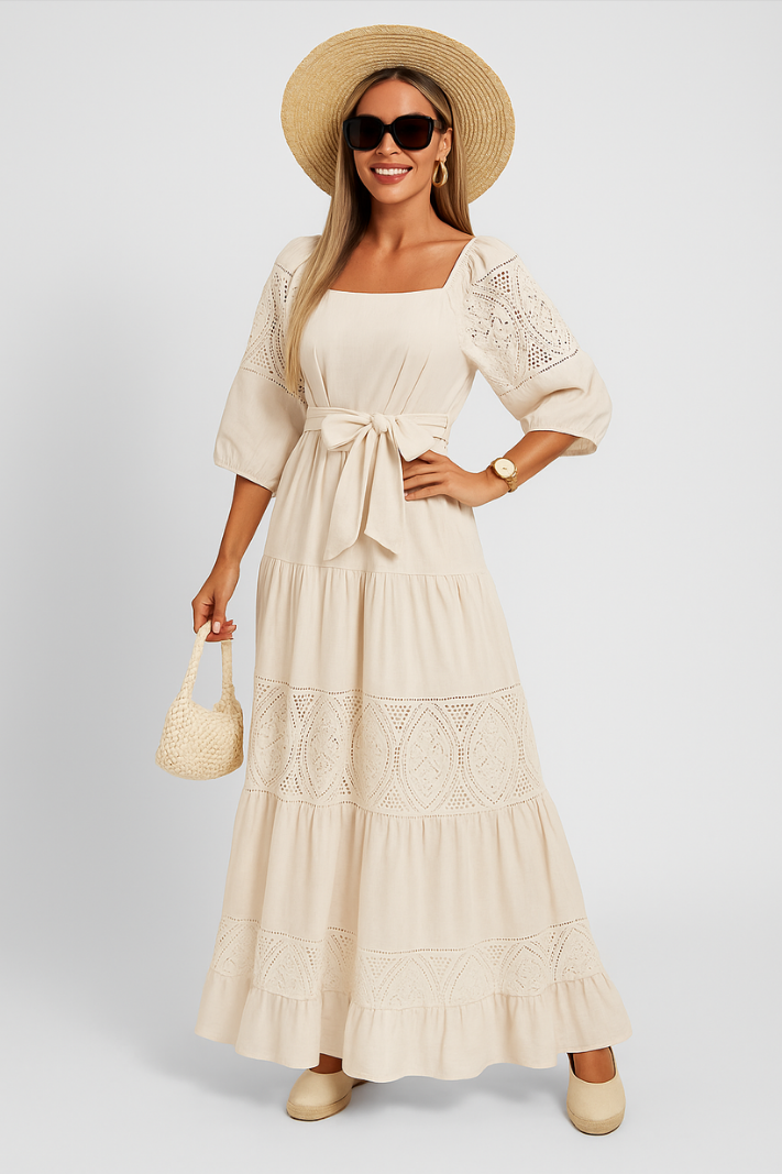 Aloura™ | Damer Hvid Broderi Maxi Kjole | Off-Shoulder Sommerkjole med Pufærmer og Bindebælte