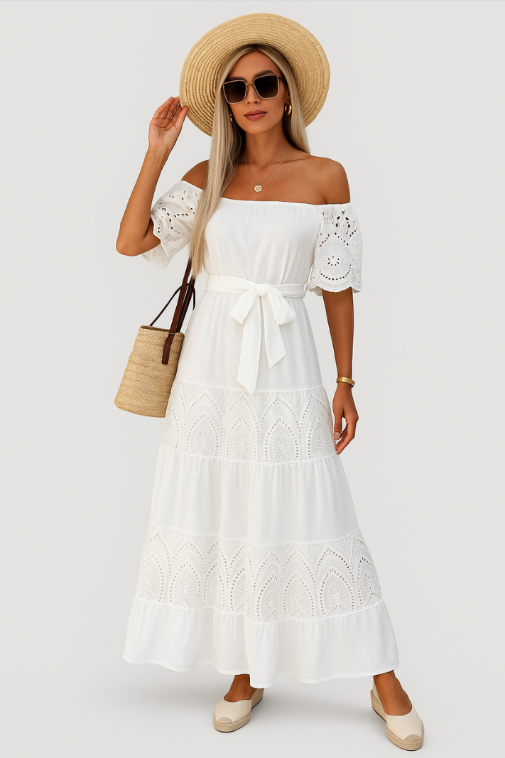 Aloura™ | Damer Hvid Broderi Maxi Kjole | Off-Shoulder Sommerkjole med Pufærmer og Bindebælte