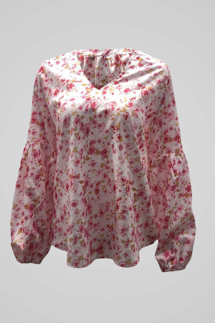 Floraya™ | Damer Blomstret Bluse med V-Hals | Luftig Sommerbluse med Lange Ærmer og Rosa Boho-Print