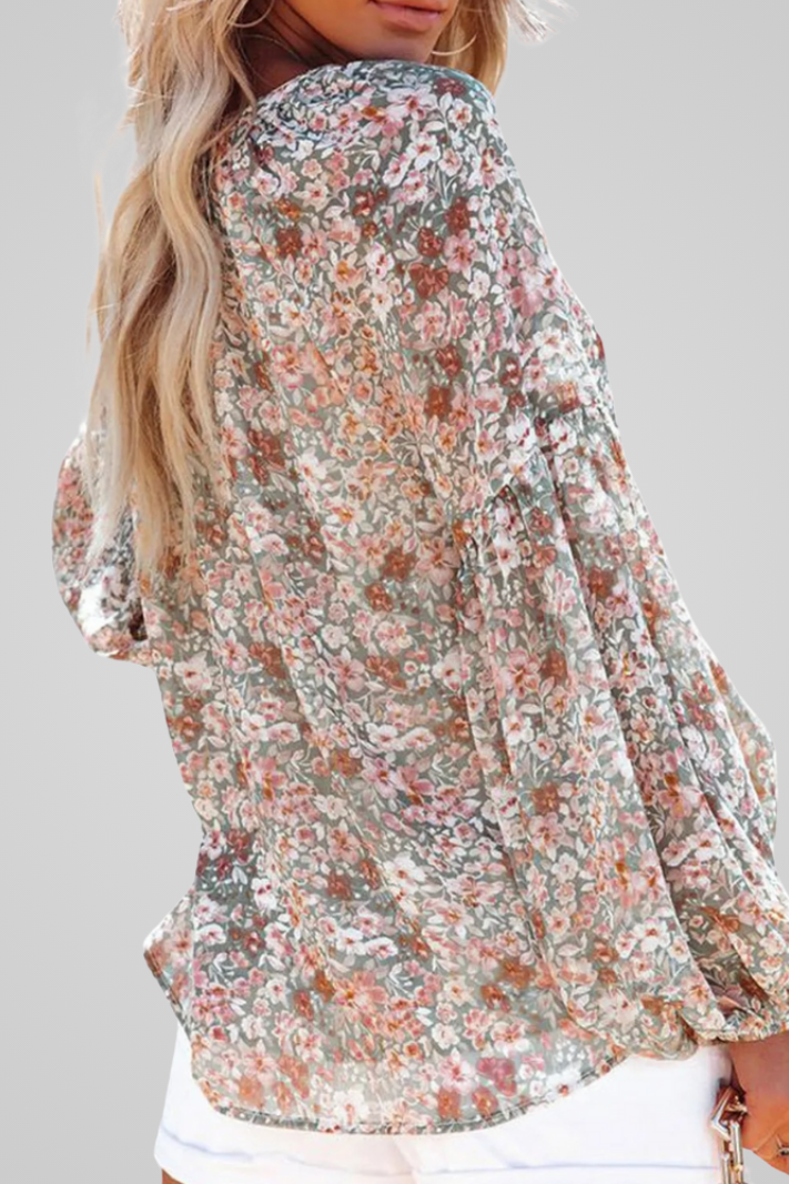Floraya™ | Damer Blomstret Bluse med V-Hals | Luftig Sommerbluse med Lange Ærmer og Rosa Boho-Print