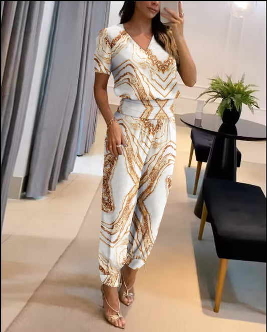 Tara™ | Damer Trendy Todelt Sæt Med Geometrisk Mønster, V-Hals Og Let Buks