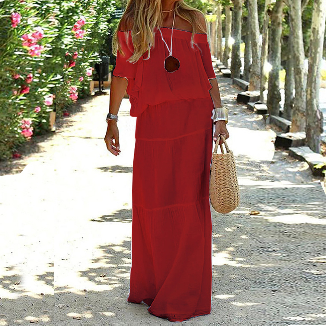 Amarisa™ | Off-Shoulder Maxi Kjole Damer | Luftig Sommerkjole med Lige Skørt og Løstsiddende Overdel til Strand eller Middag