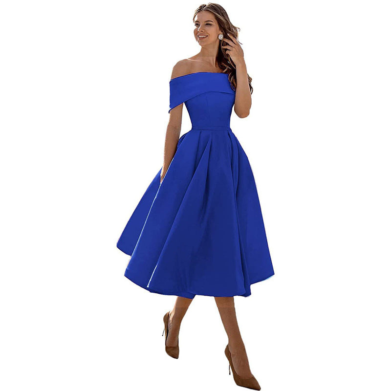 Élodie™ | Off-Shoulder Midi Kjole med A-Linje Nederdel | Elegant Stropløs Kjole med Draperet Talje og Vidde i Skørtet til Festlige Anledninger