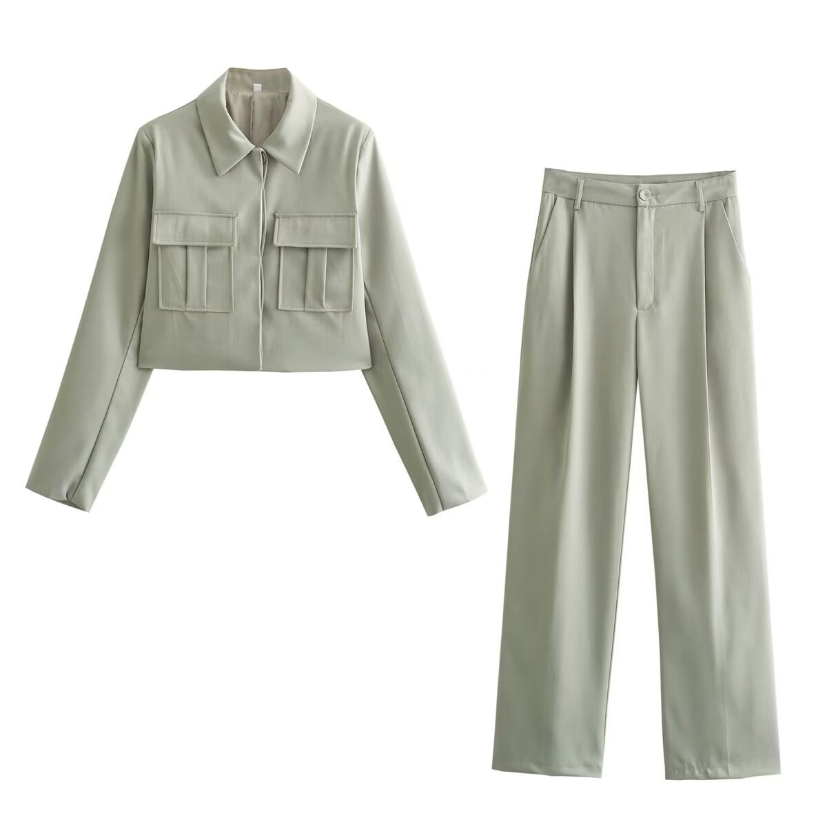 Dalia™ | 2-Del Damer Sæt med Croppet Utility Jakke og Lige High-Waist Bukser | Minimalistisk Salviegrøn Co-Ord Sæt