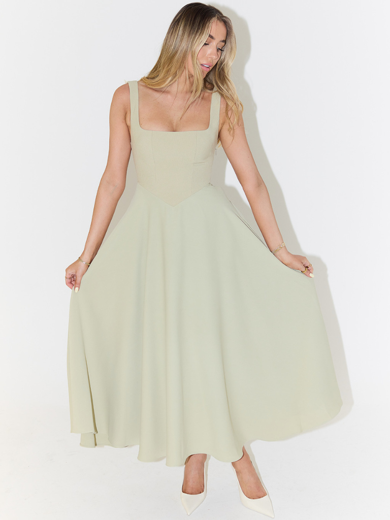 Amarielle™ | Damer Ærmeløs Midi Kjole med Firkantet Halsudskæring | Elegant Sommerkjole med Svingende A-Linje til Bryllup og Middag