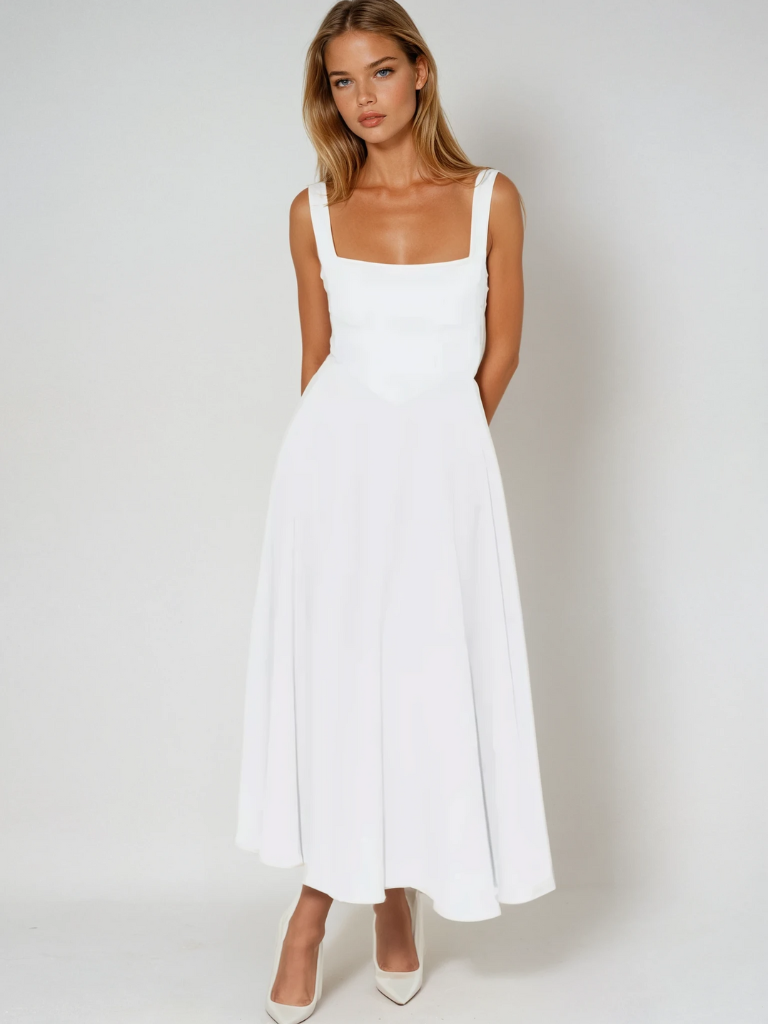 Amarielle™ | Damer Ærmeløs Midi Kjole med Firkantet Halsudskæring | Elegant Sommerkjole med Svingende A-Linje til Bryllup og Middag