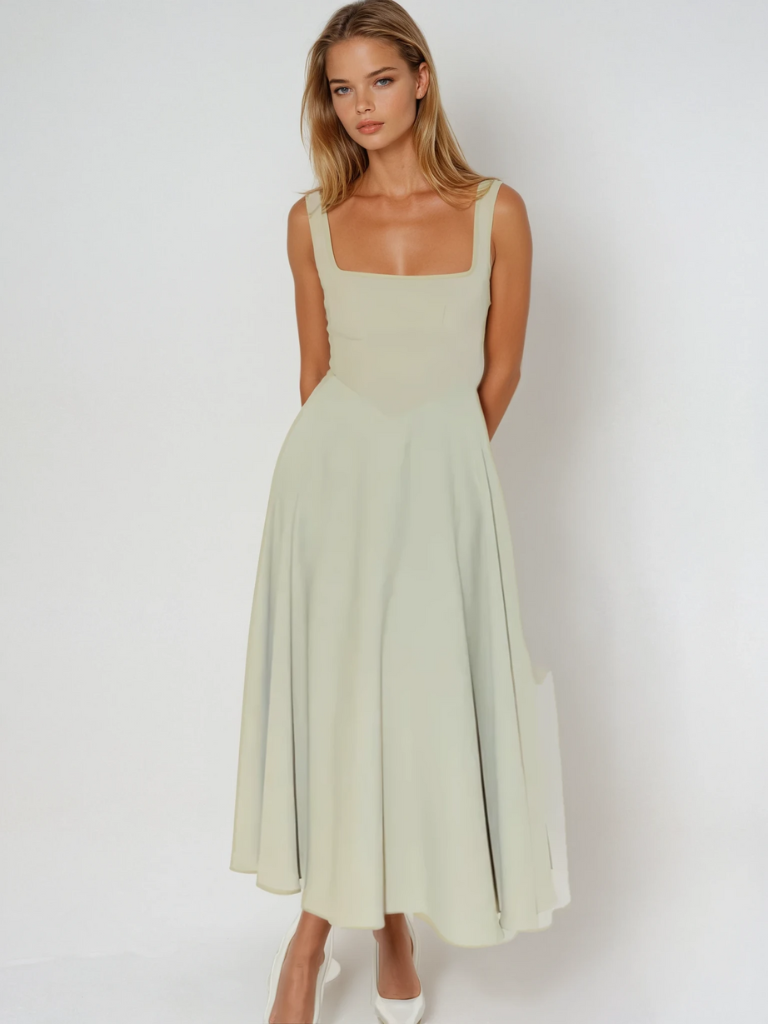 Amarielle™ | Damer Ærmeløs Midi Kjole med Firkantet Halsudskæring | Elegant Sommerkjole med Svingende A-Linje til Bryllup og Middag