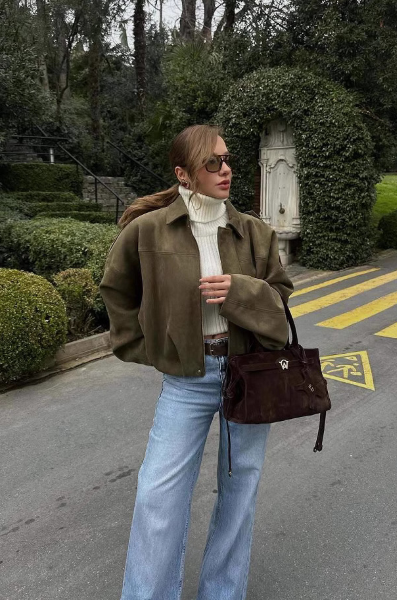 Rey | Damer Oversized Cropped Jakke | Olivengrøn | Ruskindslook | Streetwear & Casual | Forårs- & Efterårsjakke