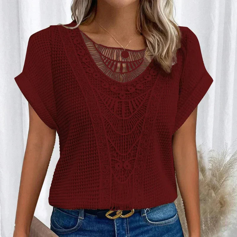 Raya | Strikket Dame Top | Let Sommer Top | Korte Ærmer | Hæklede Boho Detaljer | Løstsiddende & Åndbar