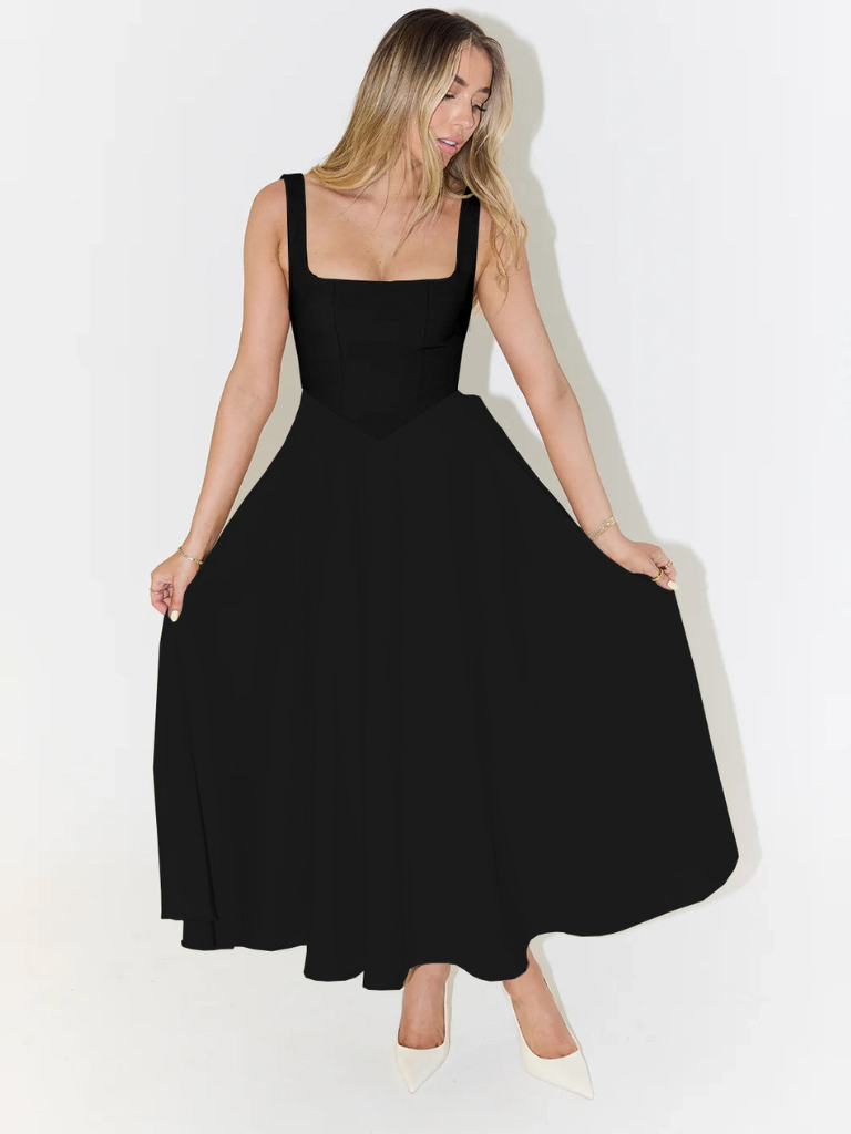 Amarielle™ | Damer Ærmeløs Midi Kjole med Firkantet Halsudskæring | Elegant Sommerkjole med Svingende A-Linje til Bryllup og Middag