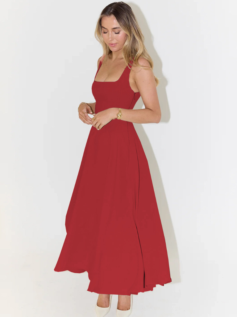 Amarielle™ | Damer Ærmeløs Midi Kjole med Firkantet Halsudskæring | Elegant Sommerkjole med Svingende A-Linje til Bryllup og Middag