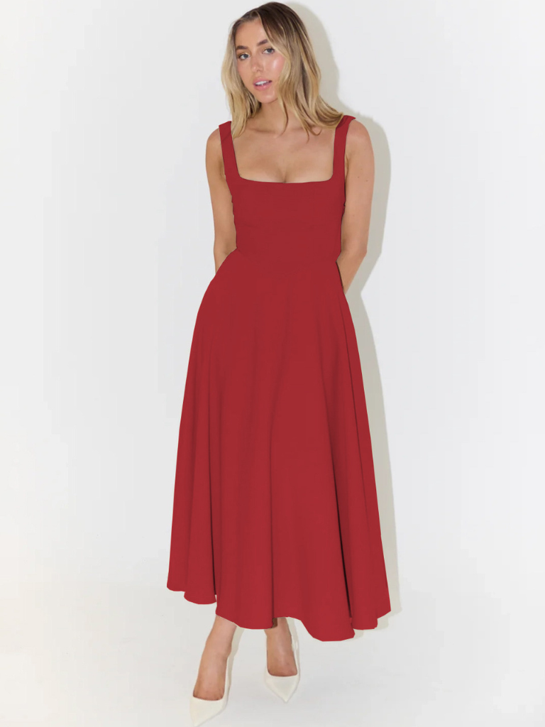 Amarielle™ | Damer Ærmeløs Midi Kjole med Firkantet Halsudskæring | Elegant Sommerkjole med Svingende A-Linje til Bryllup og Middag
