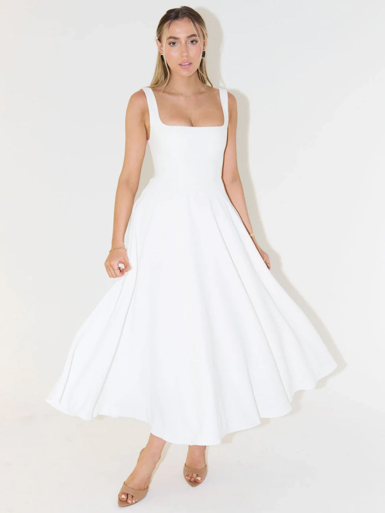Amarielle™ | Damer Ærmeløs Midi Kjole med Firkantet Halsudskæring | Elegant Sommerkjole med Svingende A-Linje til Bryllup og Middag