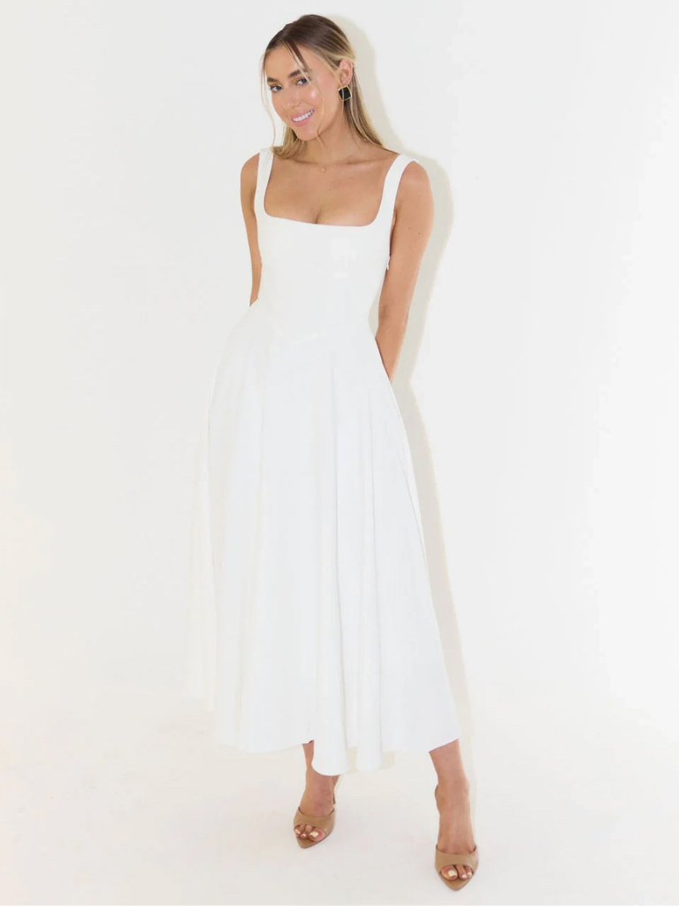 Amarielle™ | Damer Ærmeløs Midi Kjole med Firkantet Halsudskæring | Elegant Sommerkjole med Svingende A-Linje til Bryllup og Middag