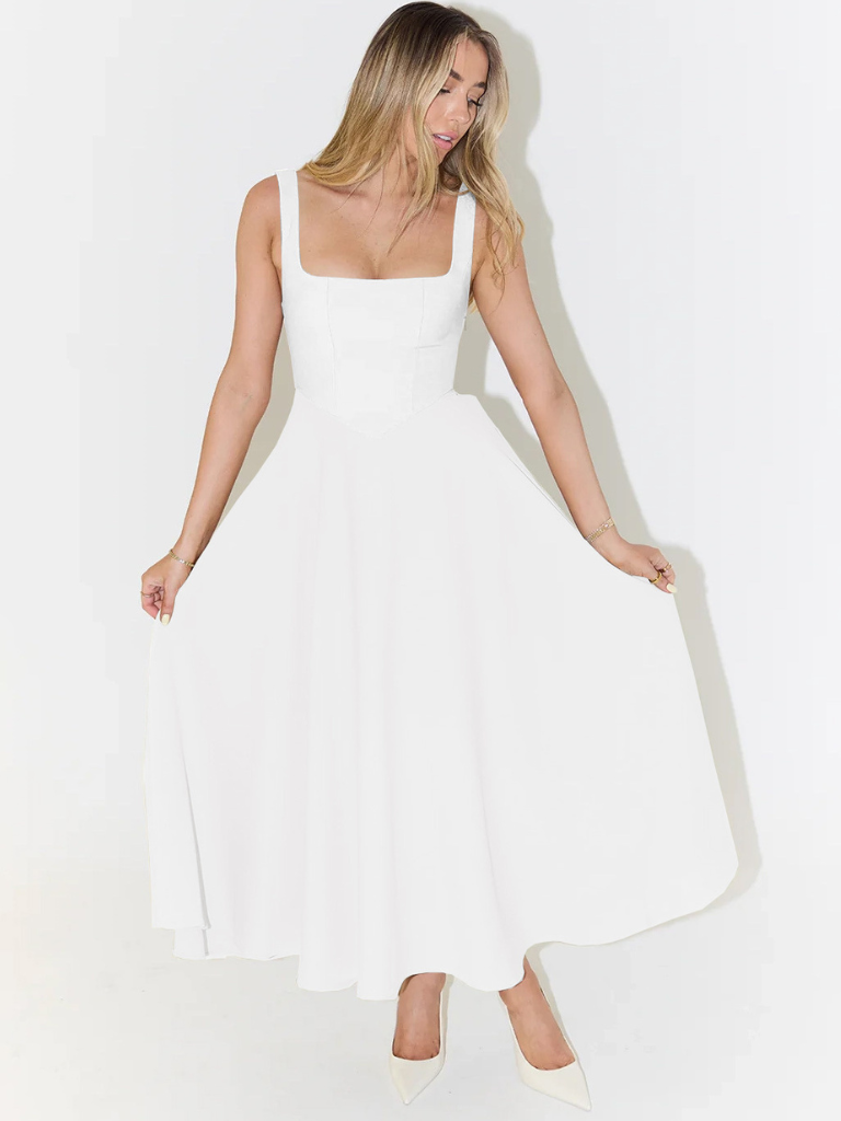 Amarielle™ | Damer Ærmeløs Midi Kjole med Firkantet Halsudskæring | Elegant Sommerkjole med Svingende A-Linje til Bryllup og Middag