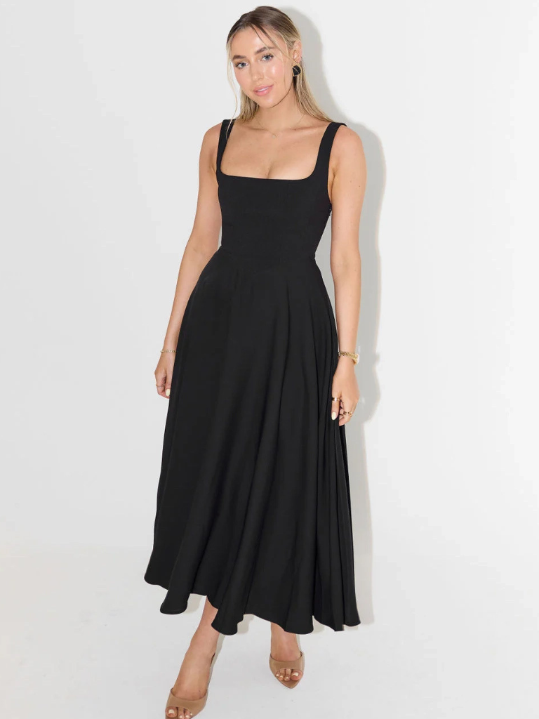 Amarielle™ | Damer Ærmeløs Midi Kjole med Firkantet Halsudskæring | Elegant Sommerkjole med Svingende A-Linje til Bryllup og Middag