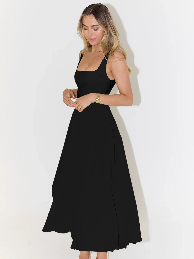 Amarielle™ | Damer Ærmeløs Midi Kjole med Firkantet Halsudskæring | Elegant Sommerkjole med Svingende A-Linje til Bryllup og Middag