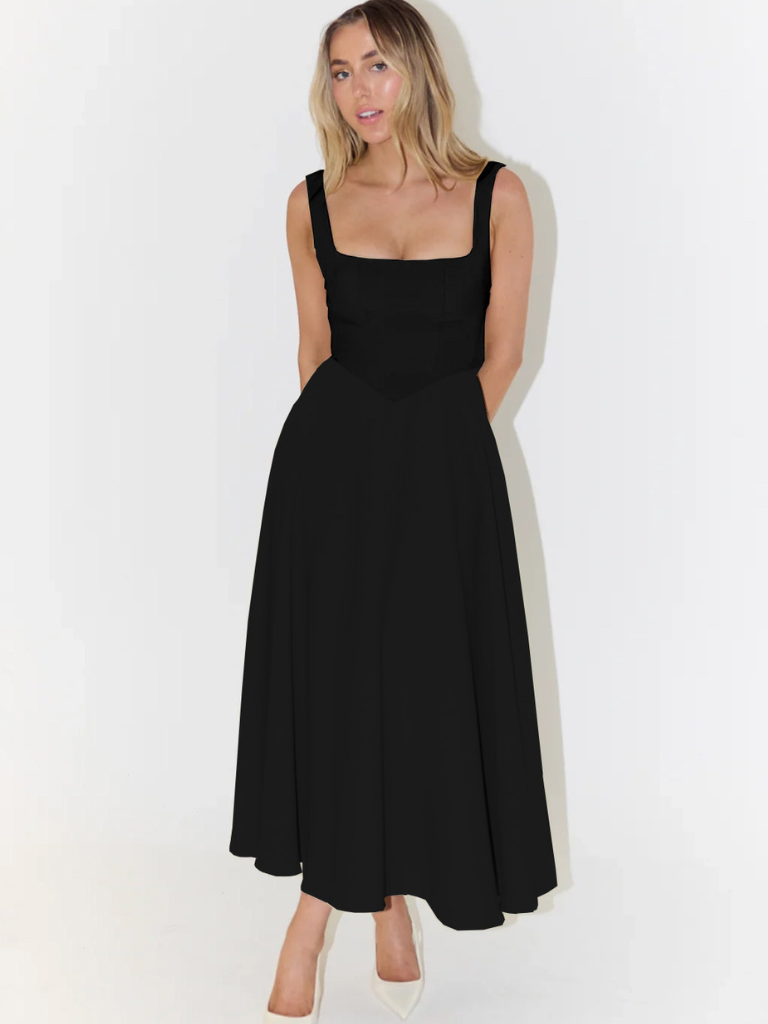 Amarielle™ | Damer Ærmeløs Midi Kjole med Firkantet Halsudskæring | Elegant Sommerkjole med Svingende A-Linje til Bryllup og Middag
