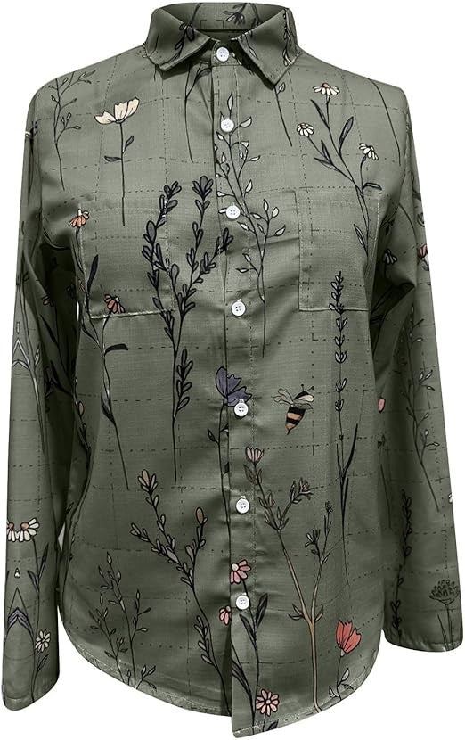 Elara™ | Damer Hørblomst Bluse med Lange Ærmer | Let Bohemian Skjortebluse med Knapper til Sommer og Casual