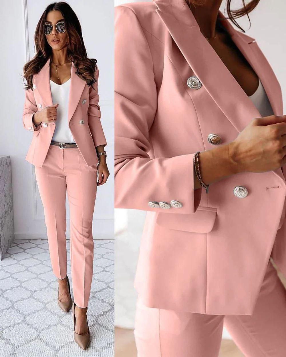 Valéris™ | To-Delte Damersæt med Guldfarvede Knapper | Elegant Blazersæt med Figursyet Blazer og Slim Fit Bukser til Arbejde eller Særlige Anledninger